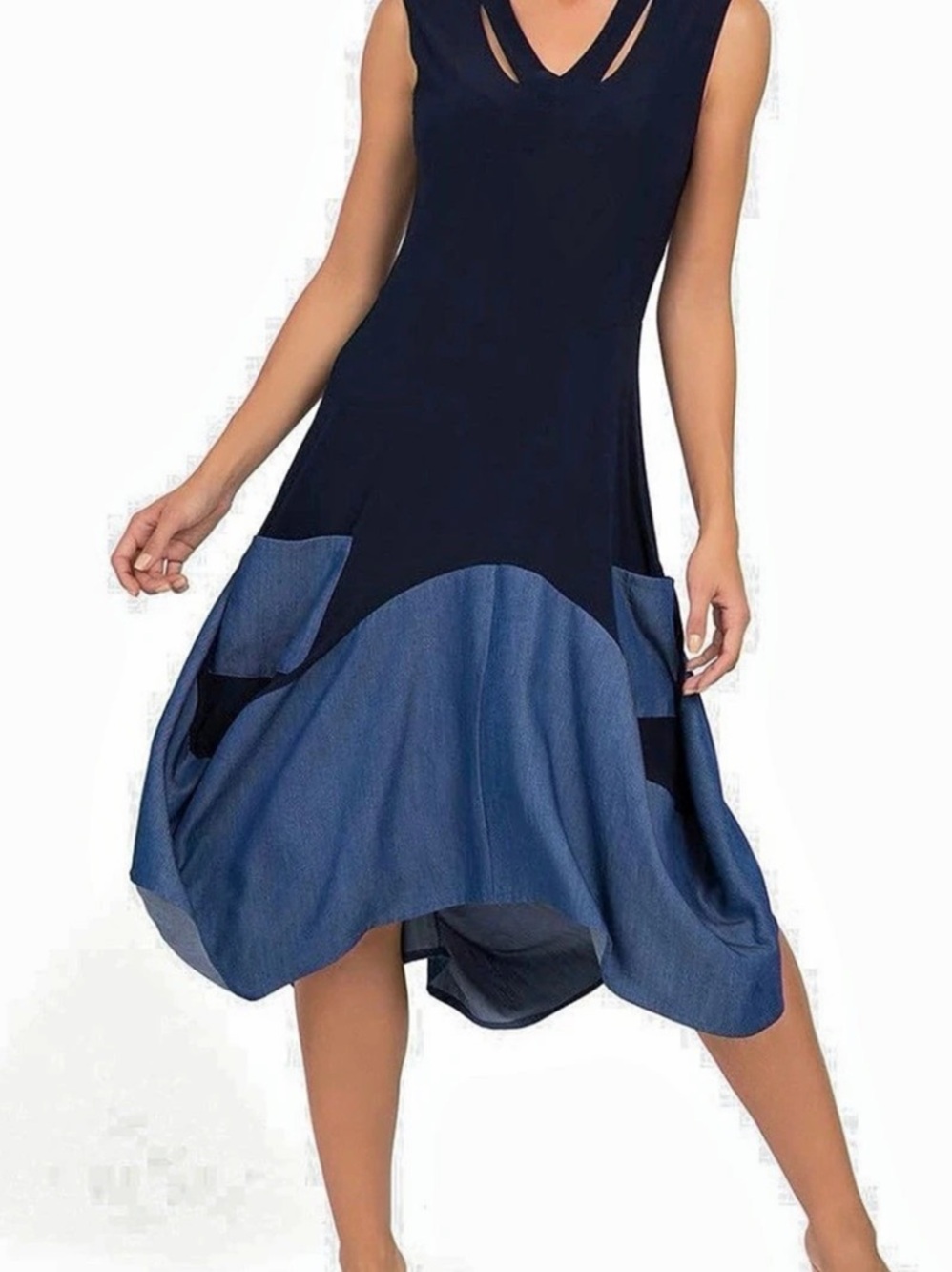 Joseph Ribkoff Sleeveless Dress Blue Chambray Denim Contrast Pockets Sleeveless